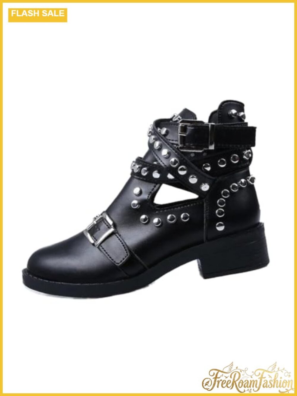 Faux Leather Rivet Studded Buckle Strap Ankle Booties